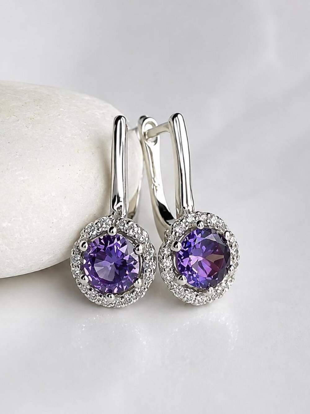 Amethyst CZ halo lever back earrings Sterling Silver 🆕